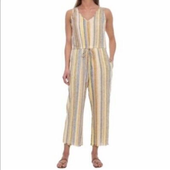 Anthropologie DREW Yellow Striped Linen Blend Jumpsuit - Picture 1 of 8